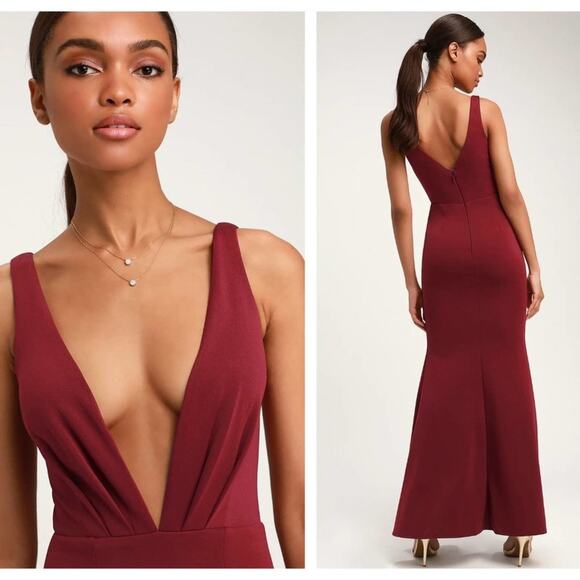 LULUS Adelina Mermaid Maxi Dress Maroon Plunge Neck Red {SS40} - Picture 2 of 3